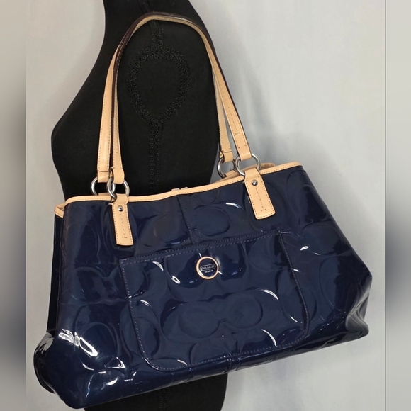 Coach Handbags - Coach Patent Leather Signature Tote – Navy Blue with Tan Trim, Leather Handles